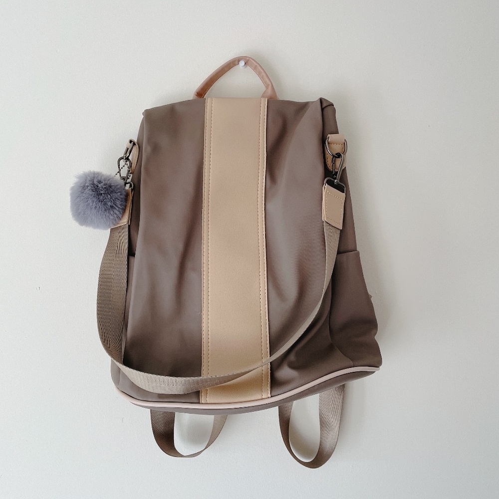 🌸 Gray/Beige nylon anti-theft backpack/purse with pompom ✨